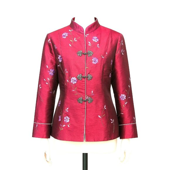 Zi Qing Ge Embroidered Floral Chinese Style Jacket Wine Purple Frog Closures LG - Picture 2 of 11